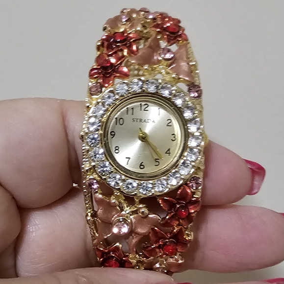 Strada Japanese Movement Fuchsia/ White Crystal Floral/ 🦋Pattern Bracelet ⌚️NWT - Picture 7 of 9